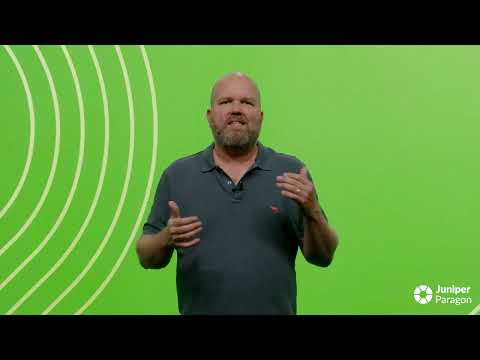 Screenshot from the video of the host Paul Notzold, Director, Juniper Networks, speaking and gesturing with his hands.