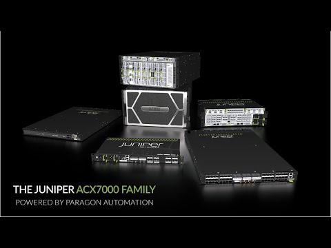 Still image of Junper ACX7000 Family Cloud Metro Routers on a black table with the words “THE JUNIPER ACX7000 FAMILY POWERED BY PARAGON AUTOMATION” in the bottom left corner.