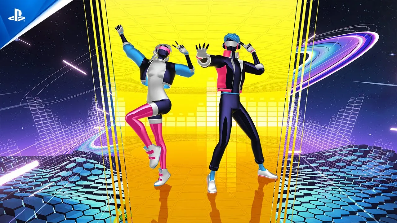 Dos figuras robóticas con ropa de entrenamiento bailando con un fondo de neón. Selecciona la imagen para reproducir el video.